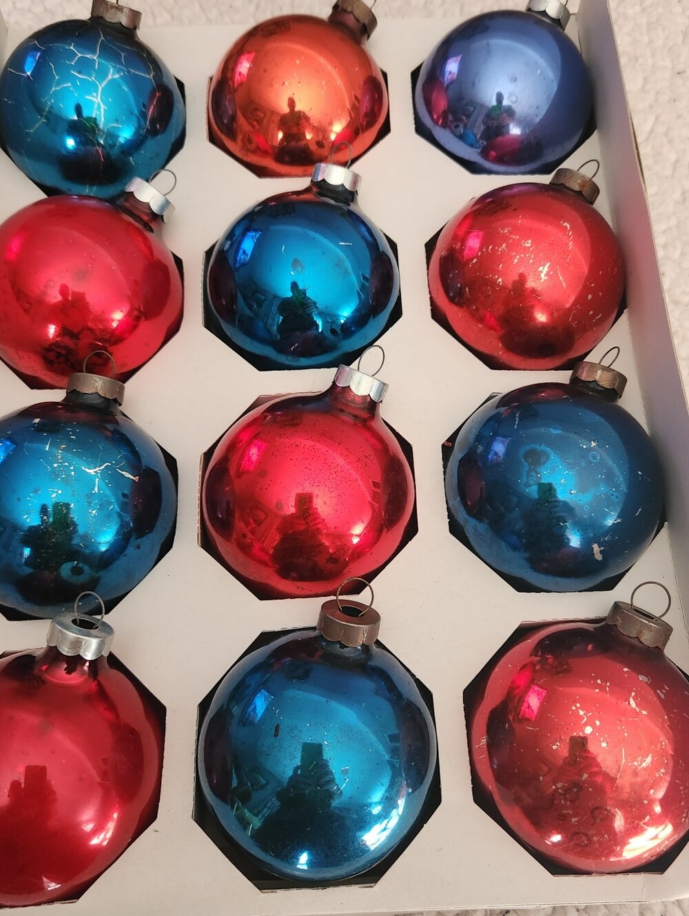 12 Vintage Pyramid Red & Blue Glass Christmas Ornaments
